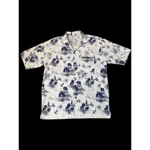 Mens Nautical Anchor Palm Tree AOP Shirt Men 3X White Blue Button Up Coastal